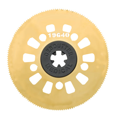 Round Cast Saw Blade for DeSoutter CleanCast CC7 and CC8 Cast Saw with multiple cutouts and a serrated edge, marked with "19640."
