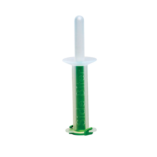 The Side Biter Chewing and Swallowing Therapy Tool, featuring a green and clear handle with a round base and a cylindrical top.