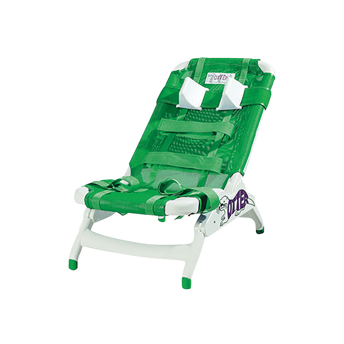 The Drive Medical Otter Pediatric Bathing System is a green adjustable bath chair with a white frame and secure straps.