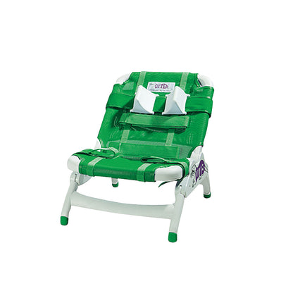 The Drive Medical Otter Pediatric Bathing System is a green adjustable bath seat with white frame and straps for stability and support.