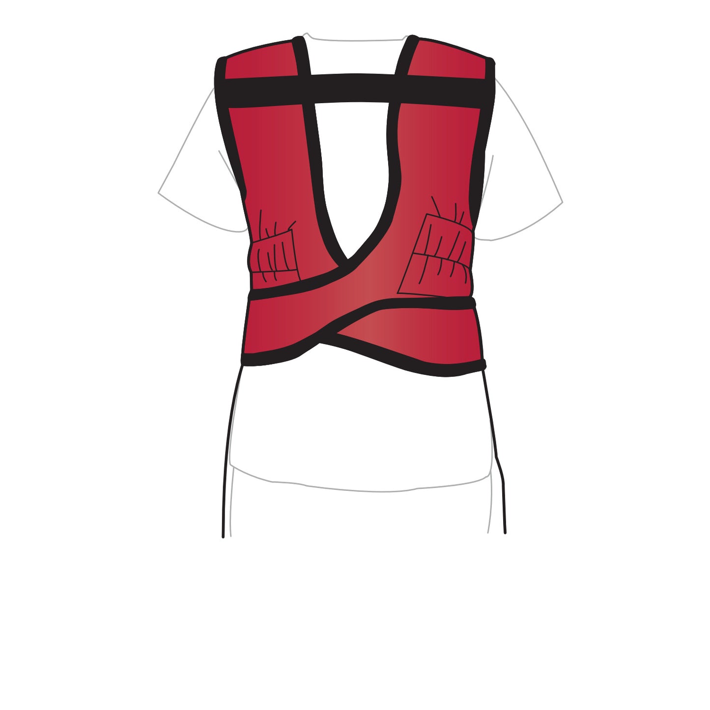 The image depicts the back view of an AliMed Grab n Go Flex Weight Reliever Apron, Male, featuring a red design with black straps.