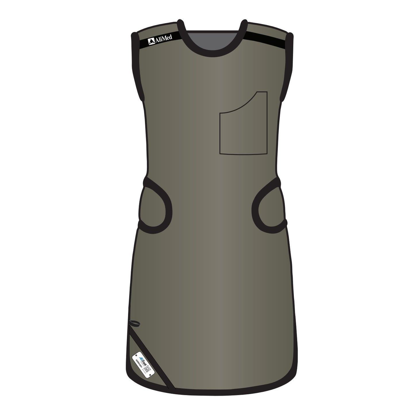 Illustration of an AliMed Grab n Go Flex Weight Reliever Apron, Male, in gray, with black trim and a front pocket.