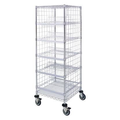 A LogiQuip Suture Cart with five wire shelves, mesh sides, and four caster wheels for mobility.