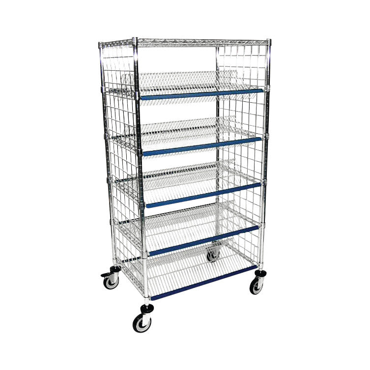 LogiQuip Suture Cart with six metal shelves and caster wheels, designed for organizing medical supplies efficiently.