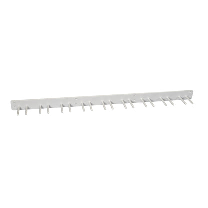 The AliMed Wall Apron Rack is a white metal wall-mounted rack with 13 pegs for hanging aprons or similar items.