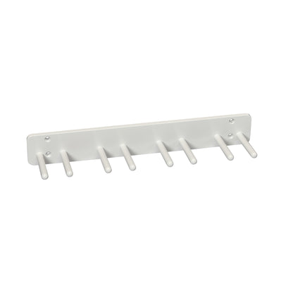 AliMed Wall Apron Rack with seven evenly spaced white hooks mounted on a rectangular backplate, designed for hanging aprons.