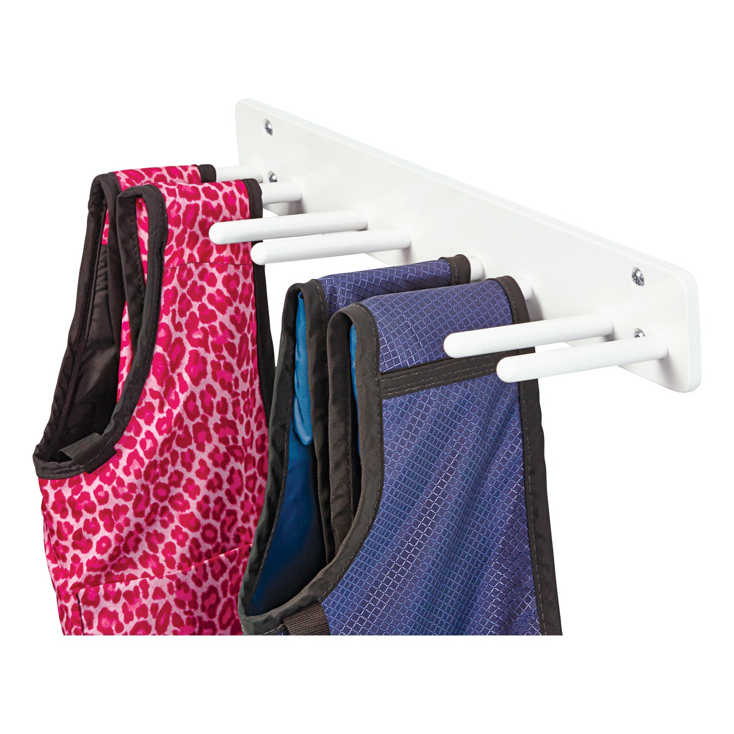 AliMed Wall Apron Rack with several colorful aprons hanging on white horizontal rods, screwed onto a wall for storage.