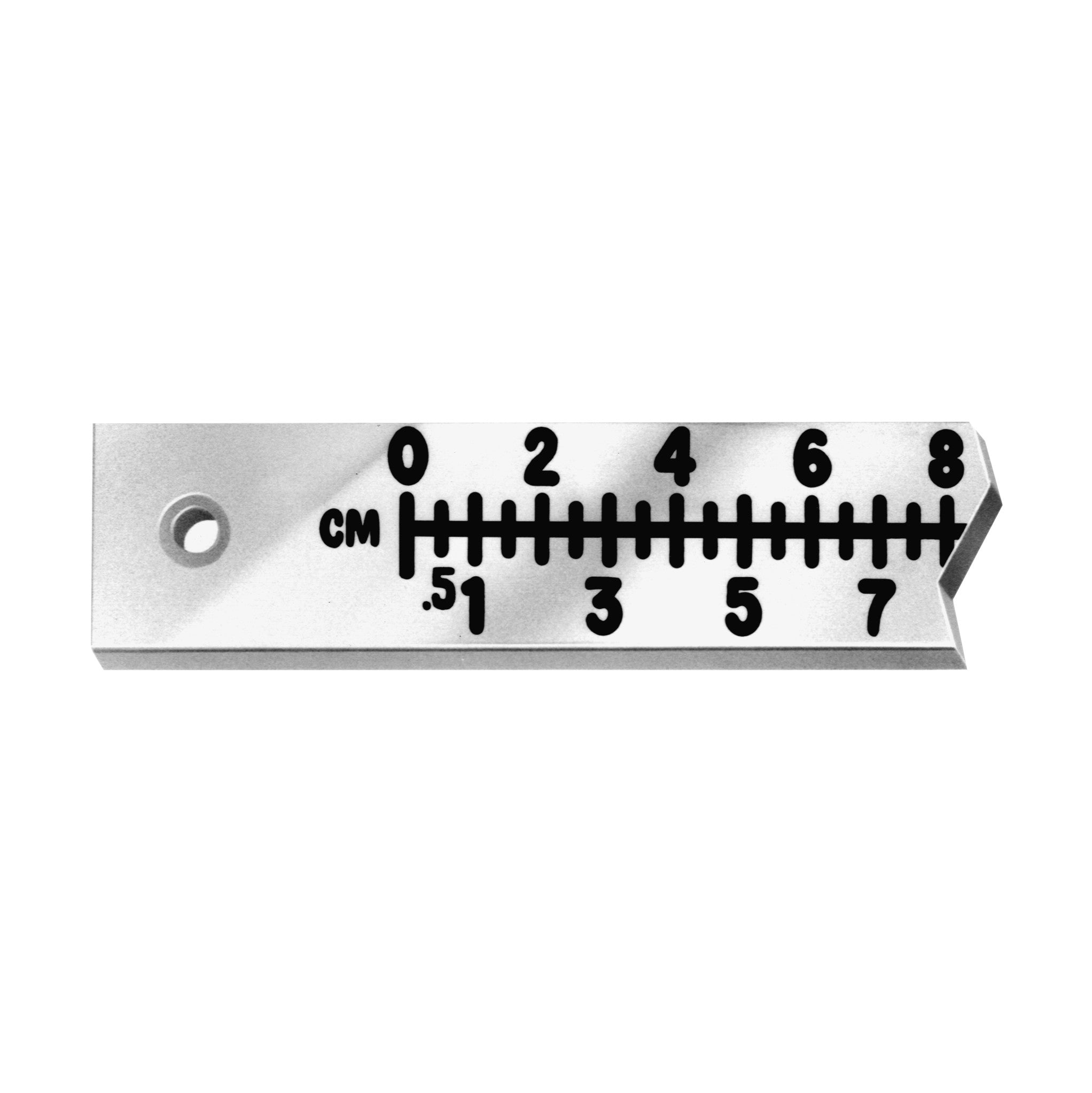 Radiopaque Acrylic Scale with black measurement markings from 0 to 8 centimeters, featuring a hole on the left side.