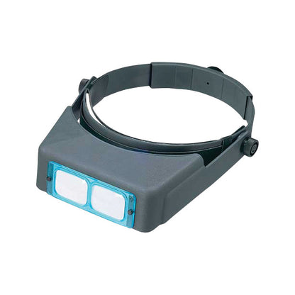 OptiVISOR Headband Magnifier with a dark gray frame and adjustable strap, featuring dual lenses in a blue casing.