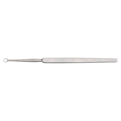 A Fox Dermal Curette with a small looped end and a long, flat handle, used for dermatological procedures.
