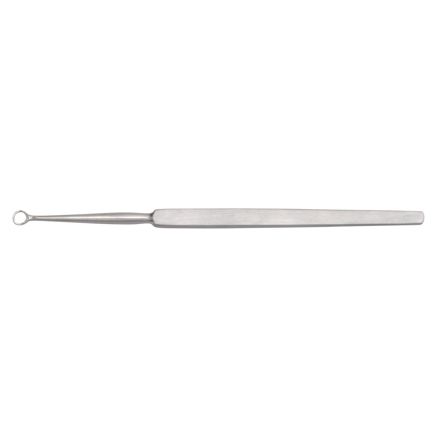 The Fox Dermal Curette is a stainless steel medical instrument with a circular loop at one end for skin procedures.