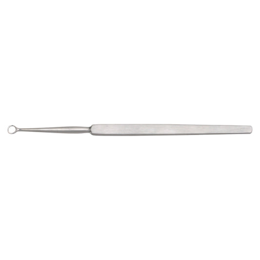 The Fox Dermal Curette is a metal instrument with a looped end, used for scraping skin or removing lesions.