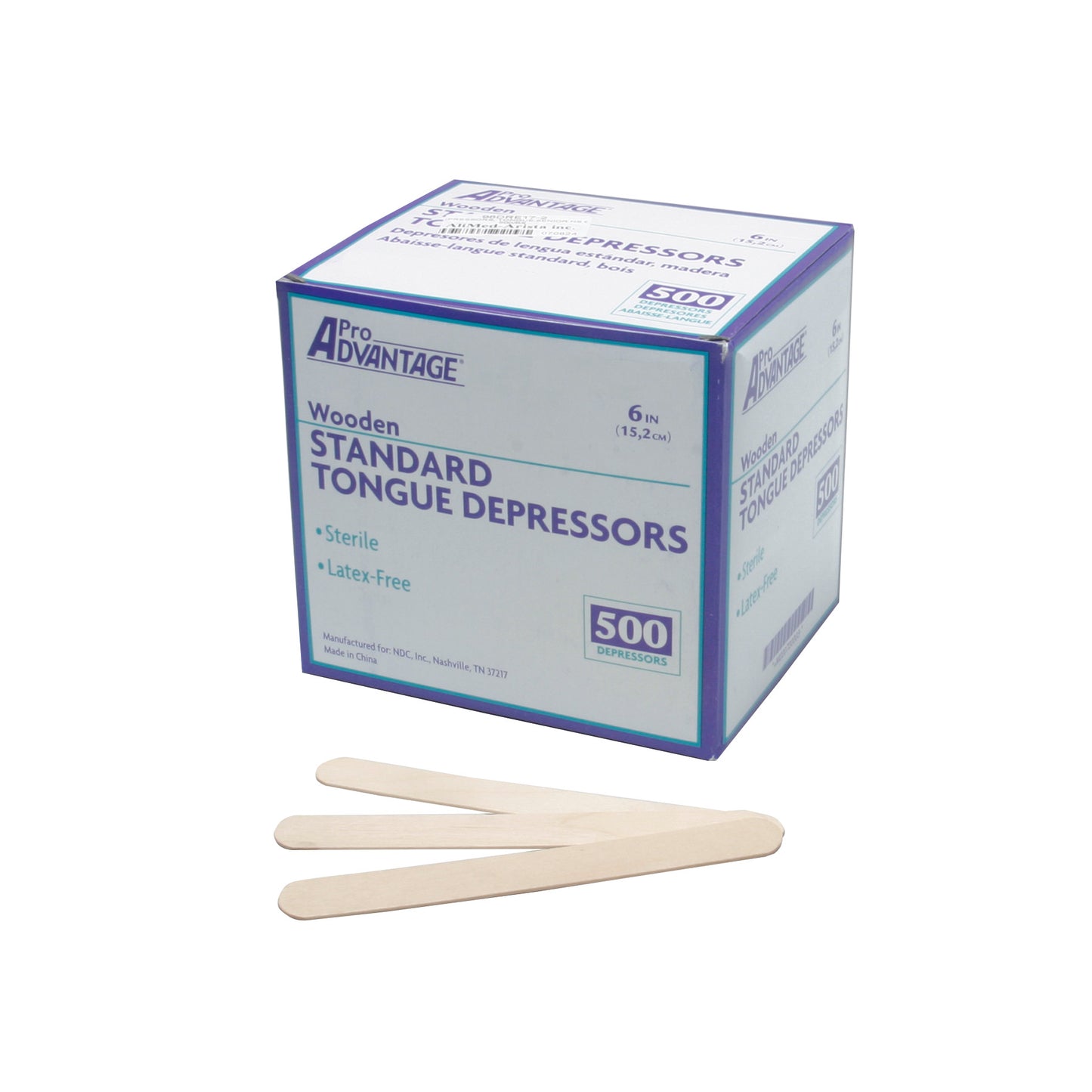 Pro Advantage Tongue Depressor box labeled "500 Depressors" is shown with three wooden tongue depressors beside the box.