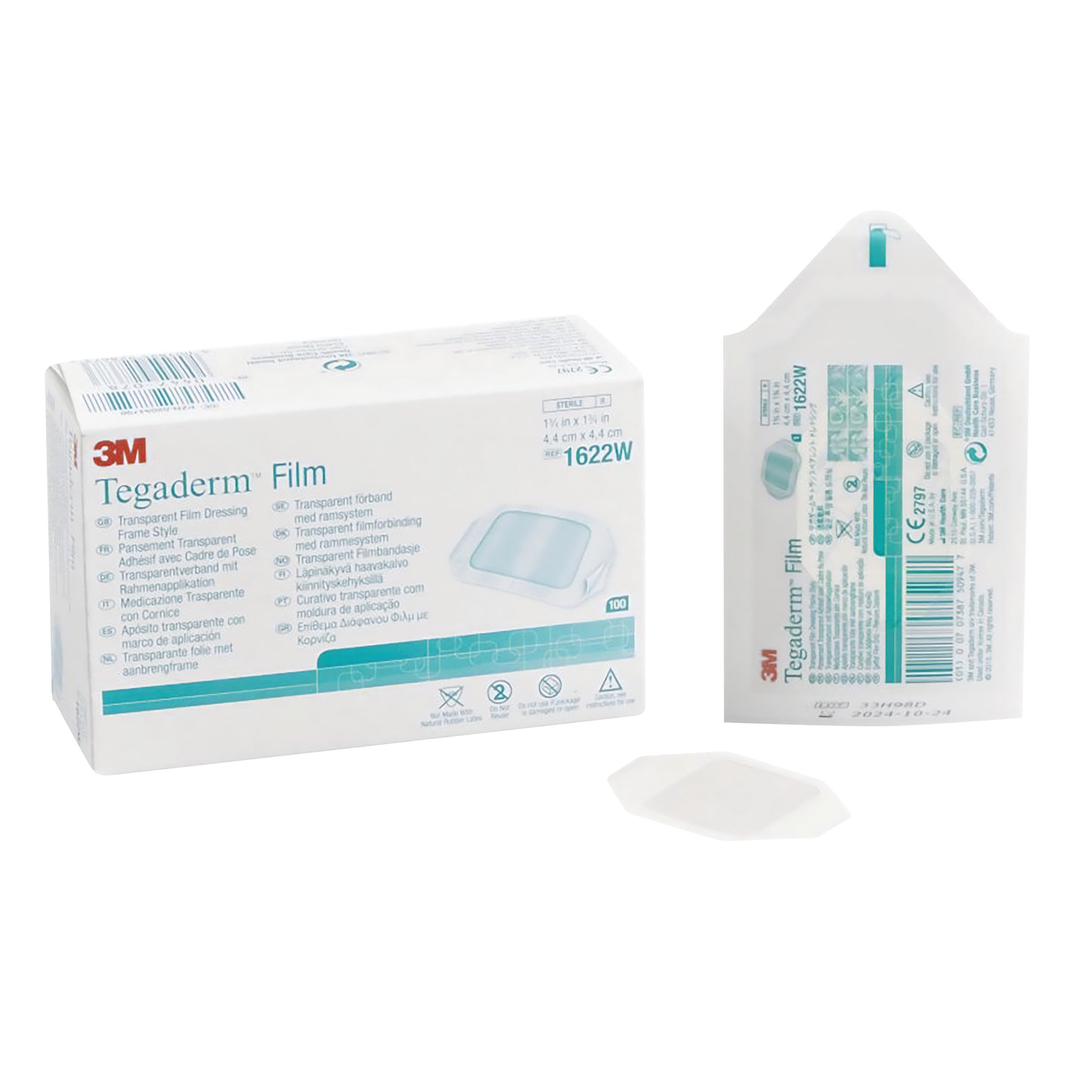 3M Tegaderm Transparent Dressing box, with one dressing in a sealed package and one dressing outside, shown on a white background.