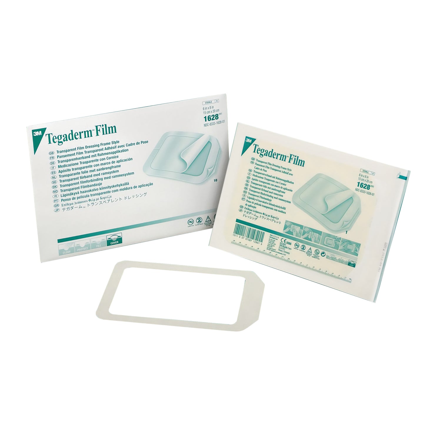 3M Tegaderm Transparent Dressing packaging with an adhesive film visible, designed for a 6x8 inch wound covering.