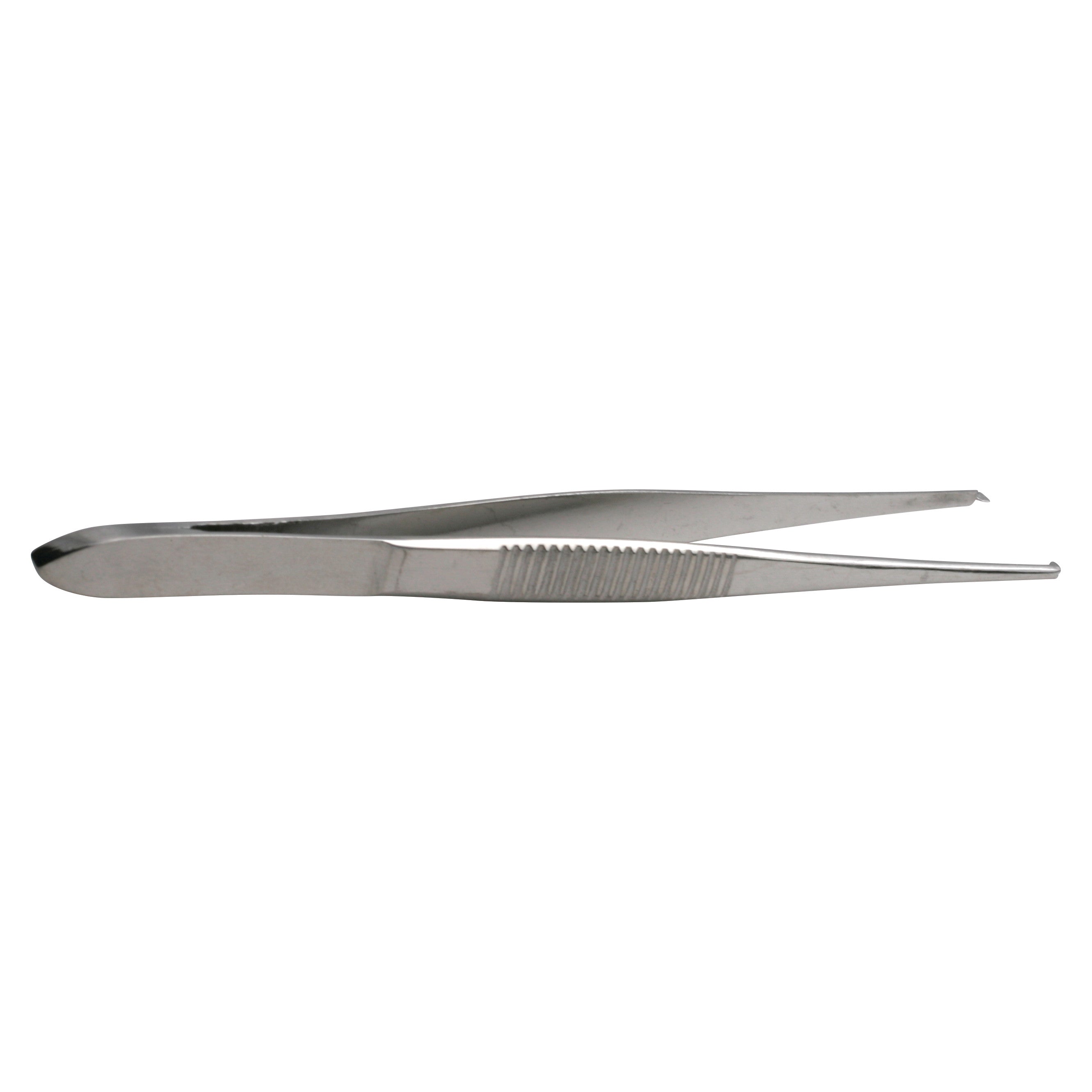 Metal surgical tool called Iris Tissue Forceps with a flat grip surface and pointed ends used for gripping and holding tissue.