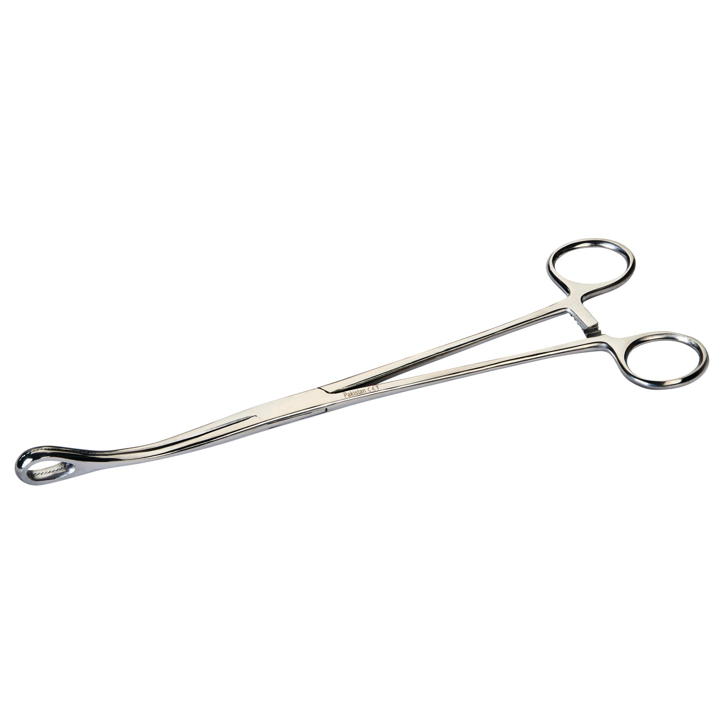 Serrated Foerster Sponge Forceps with a curved tip and finger rings used for grasping or handling items, primarily in medical settings.