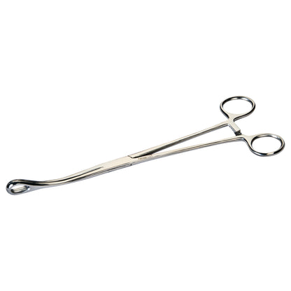 Serrated Foerster Sponge Forceps with a curved tip and finger rings used for grasping or handling items, primarily in medical settings.