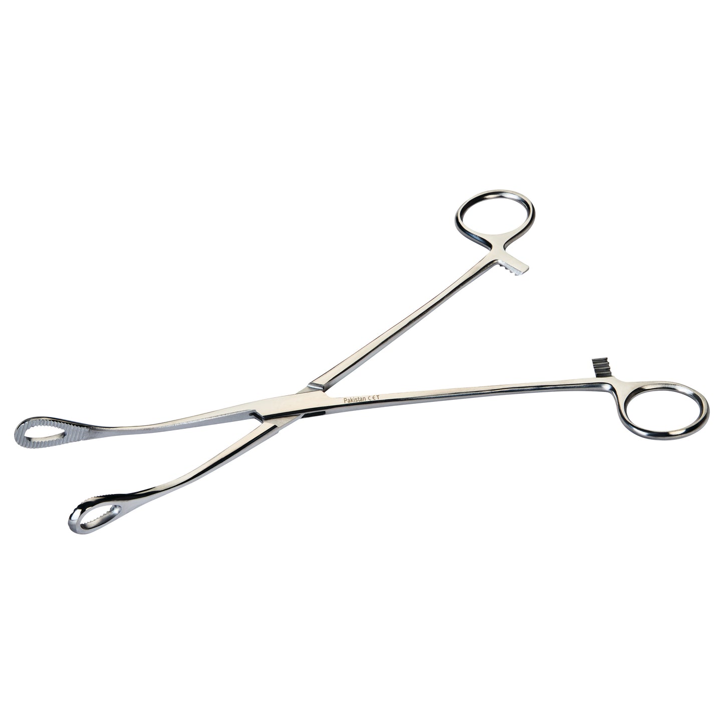 Serrated Foerster Sponge Forceps with looped, textured ends on a shiny metal body, designed for medical use.