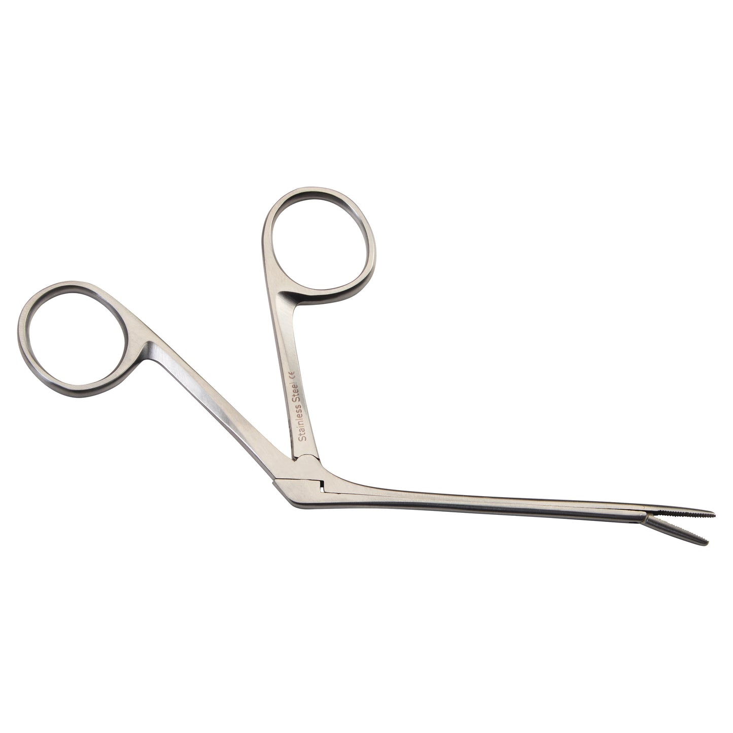 Hartman Alligator Ear Forceps, a stainless steel medical tool, features angled handles and long, slender jaws for precision gripping.