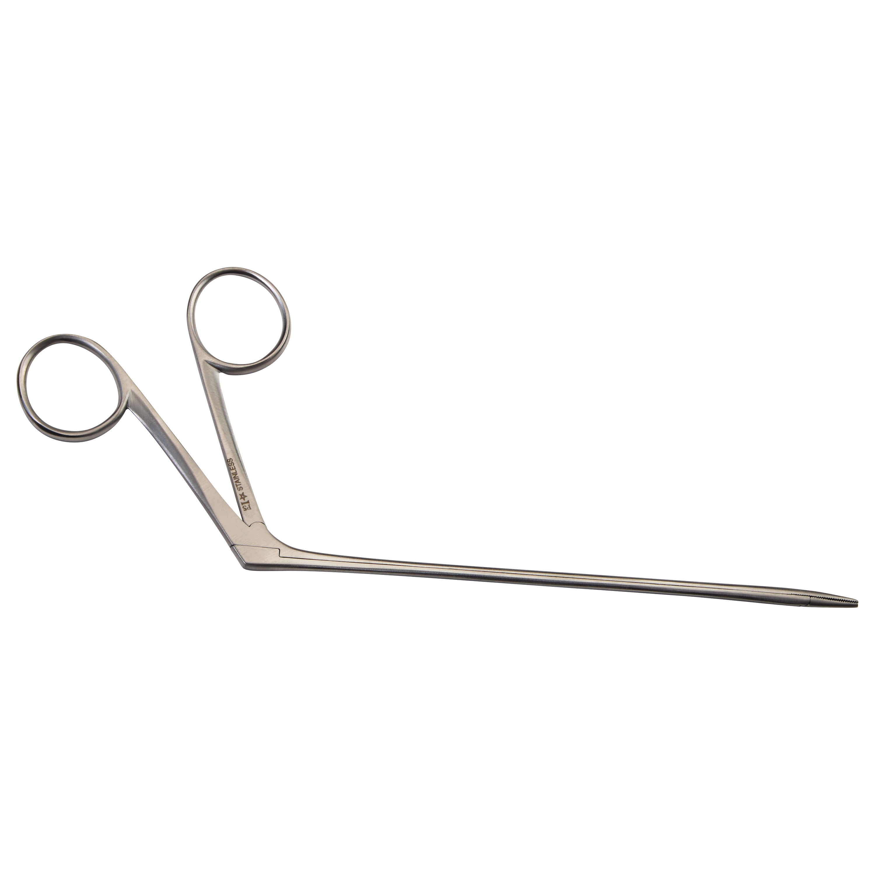Hartman Alligator Ear Forceps with a long, slender handle and angled tips, designed for precision work in small spaces.