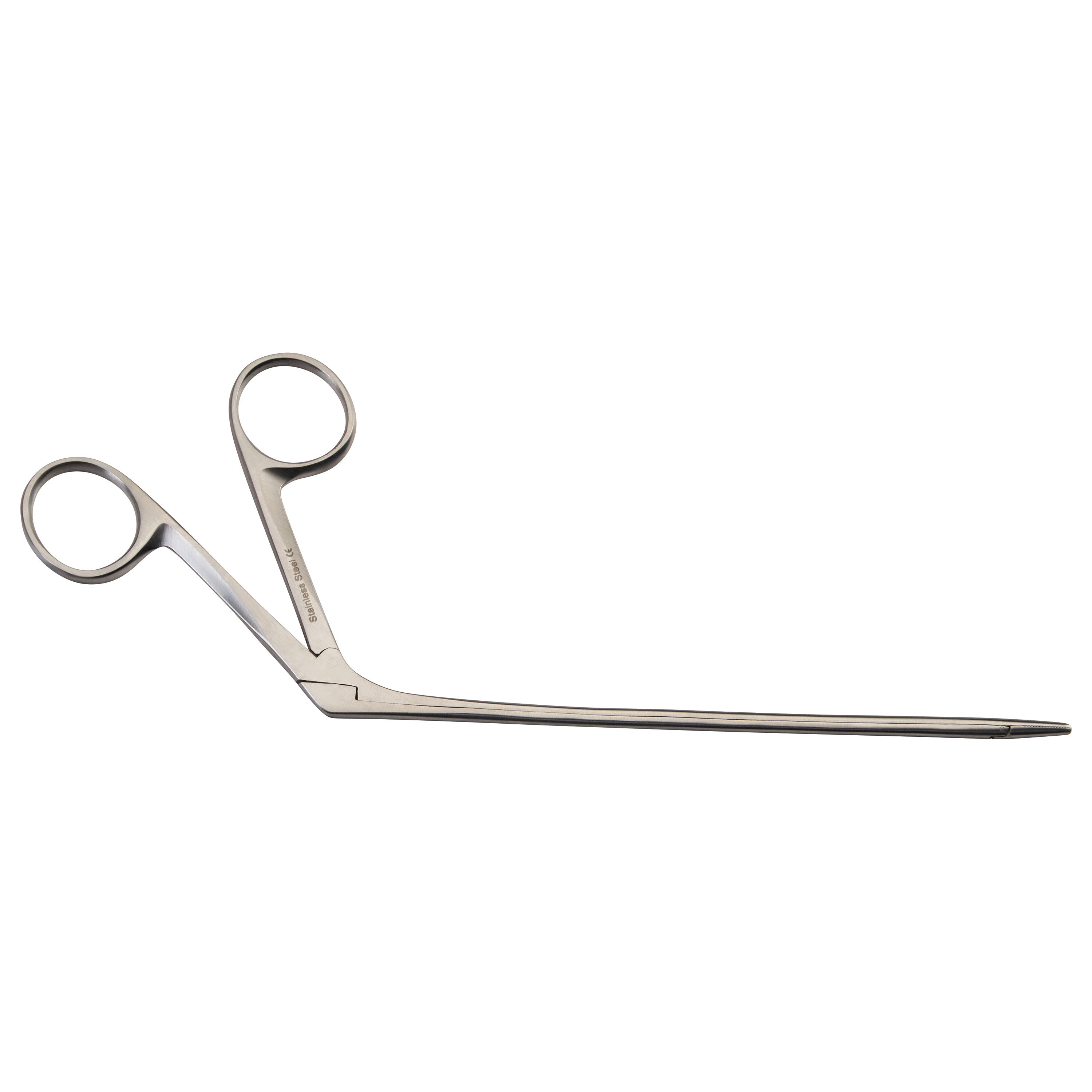 Hartman Alligator Ear Forceps with slender, angled design and two ring handles, used for delicate medical procedures.