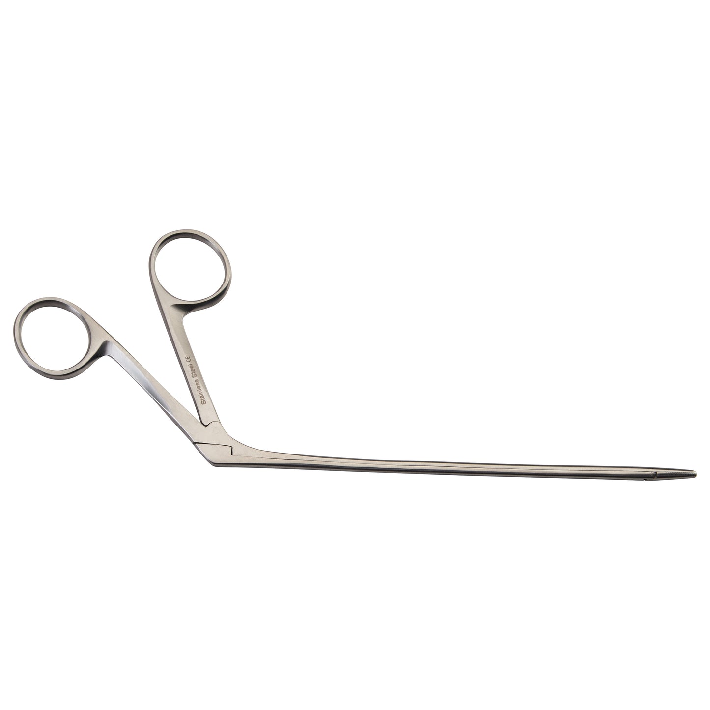 Hartman Alligator Ear Forceps with slender, angled design and two ring handles, used for delicate medical procedures.