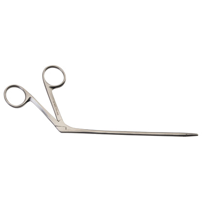Hartman Alligator Ear Forceps with slender, angled design and two ring handles, used for delicate medical procedures.