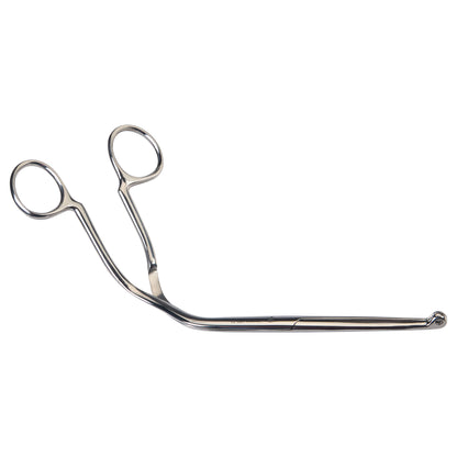 The Miltex Vantage Magill Endotracheal Catheter Introducing Forceps is a curved, silver medical tool with looped handles and a rounded tip.