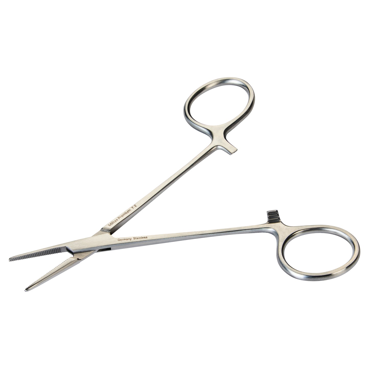 Miltex Halsted Mosquito Forceps, a small, stainless steel surgical instrument with curved tips and finger loops for precise gripping.