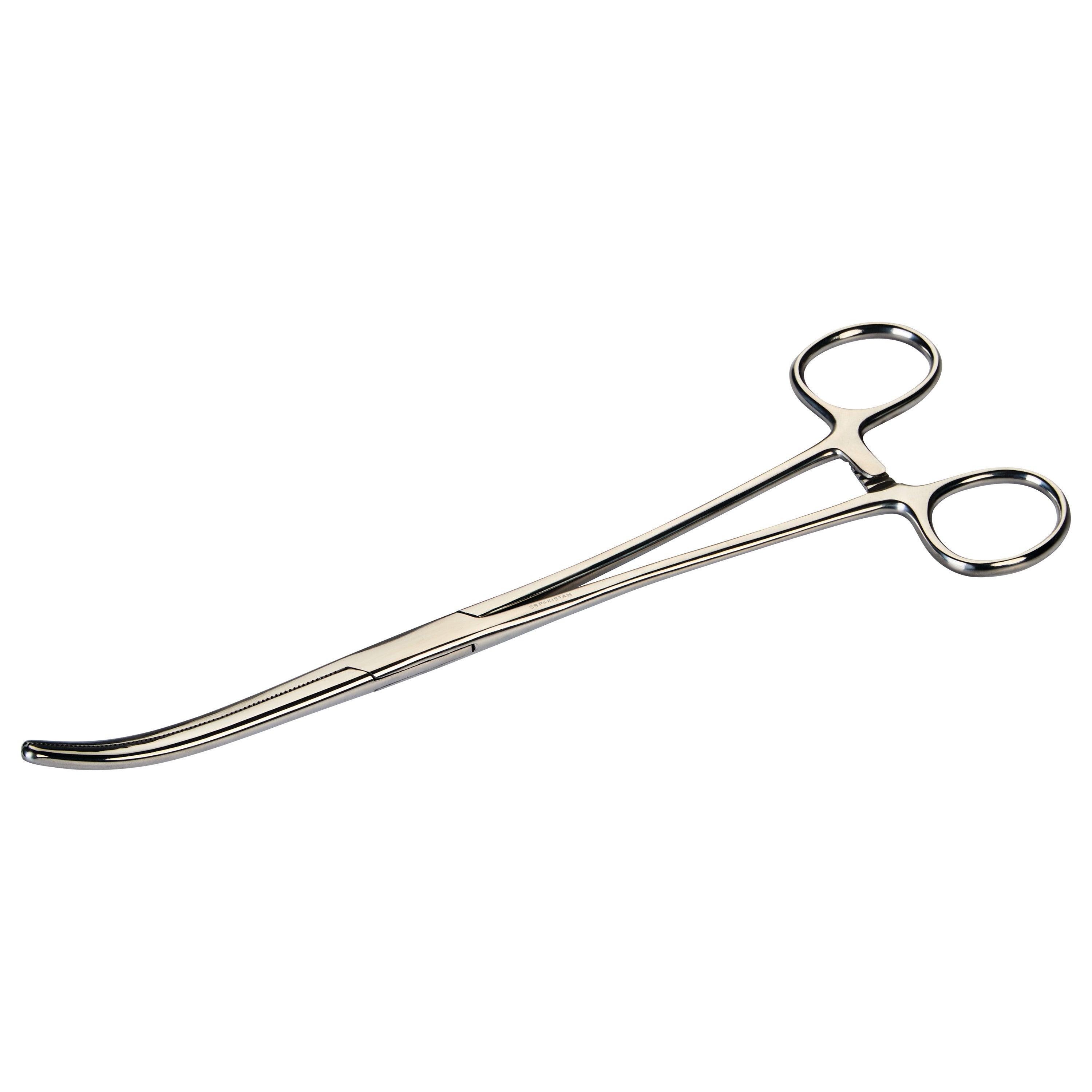 A pair of stainless steel Rochester-Pean Forceps with curved tips and looped handles, used for surgical clamping or gripping.