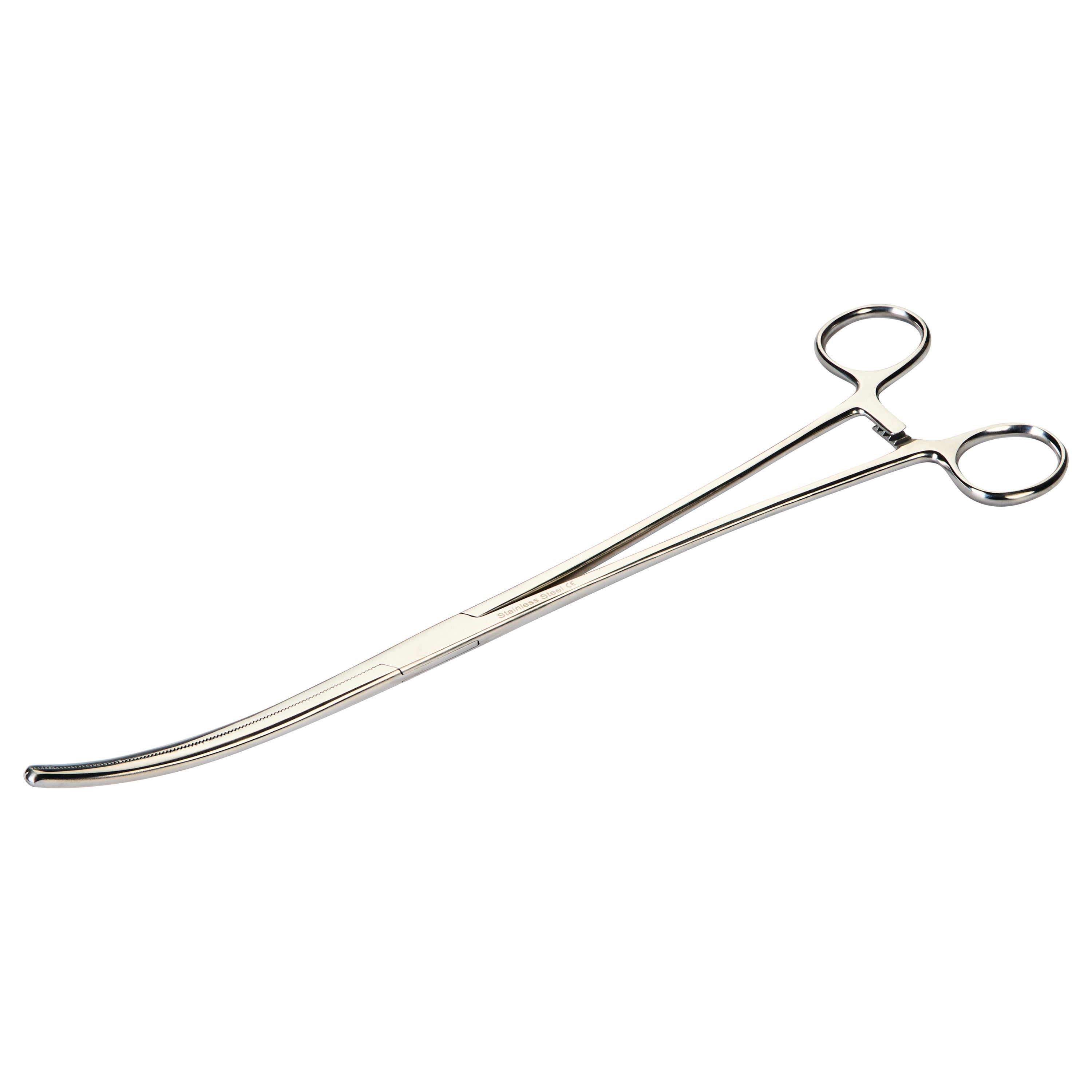 Rochester-Pean Forceps with a curved design, featuring long handles with finger loops and grooved jaws for gripping.