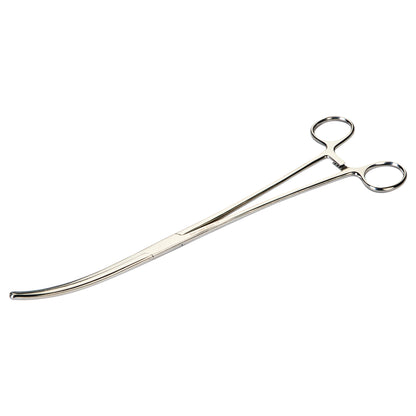 Rochester-Pean Forceps with a curved design, featuring long handles with finger loops and grooved jaws for gripping.