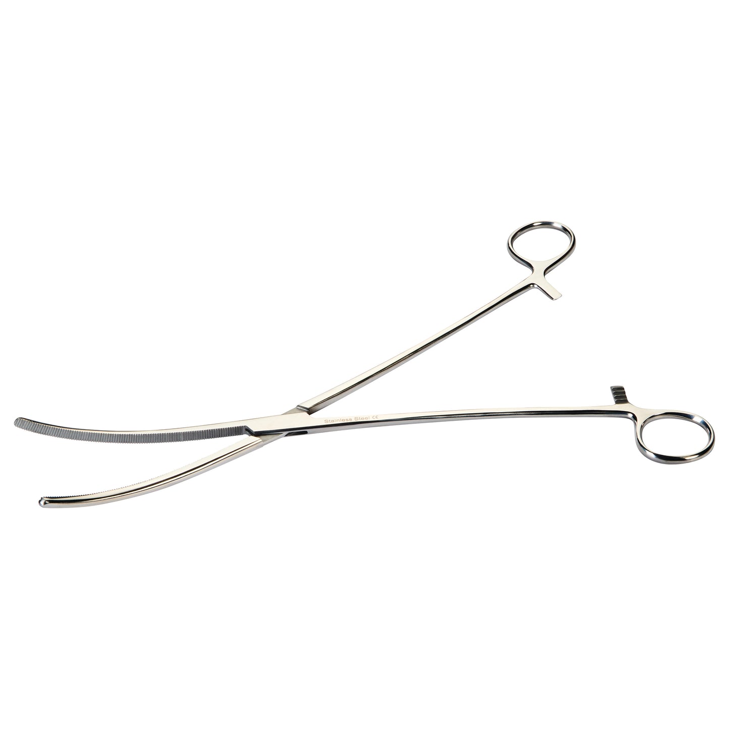 A pair of Rochester-Pean Forceps with curved, serrated jaws and finger ring handles on a white background.