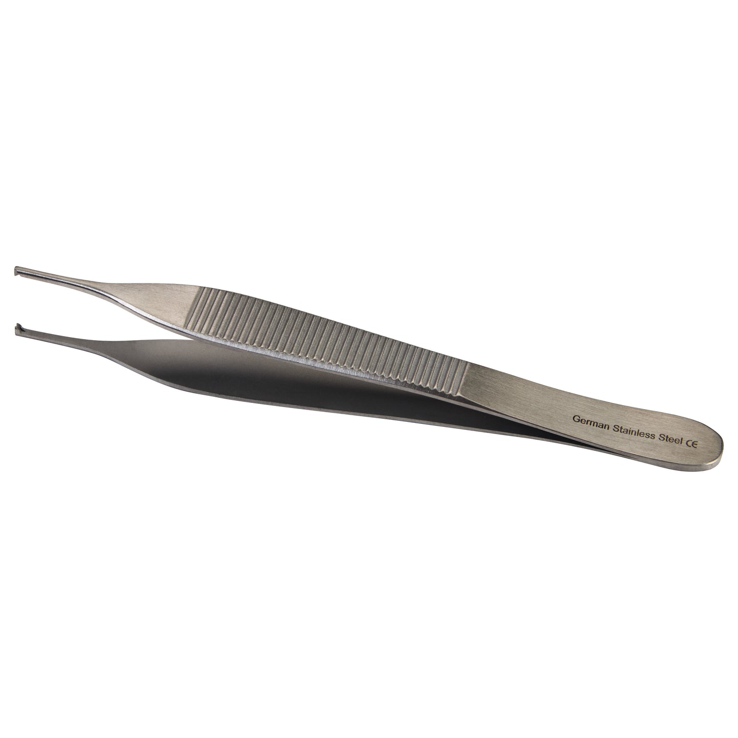 Adson Tissue Forceps, made of stainless steel, feature a grooved grip and fine tips, used for holding delicate tissue during medical procedures.