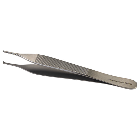 Adson Tissue Forceps, made of stainless steel, feature a grooved grip and fine tips, used for holding delicate tissue during medical procedures.