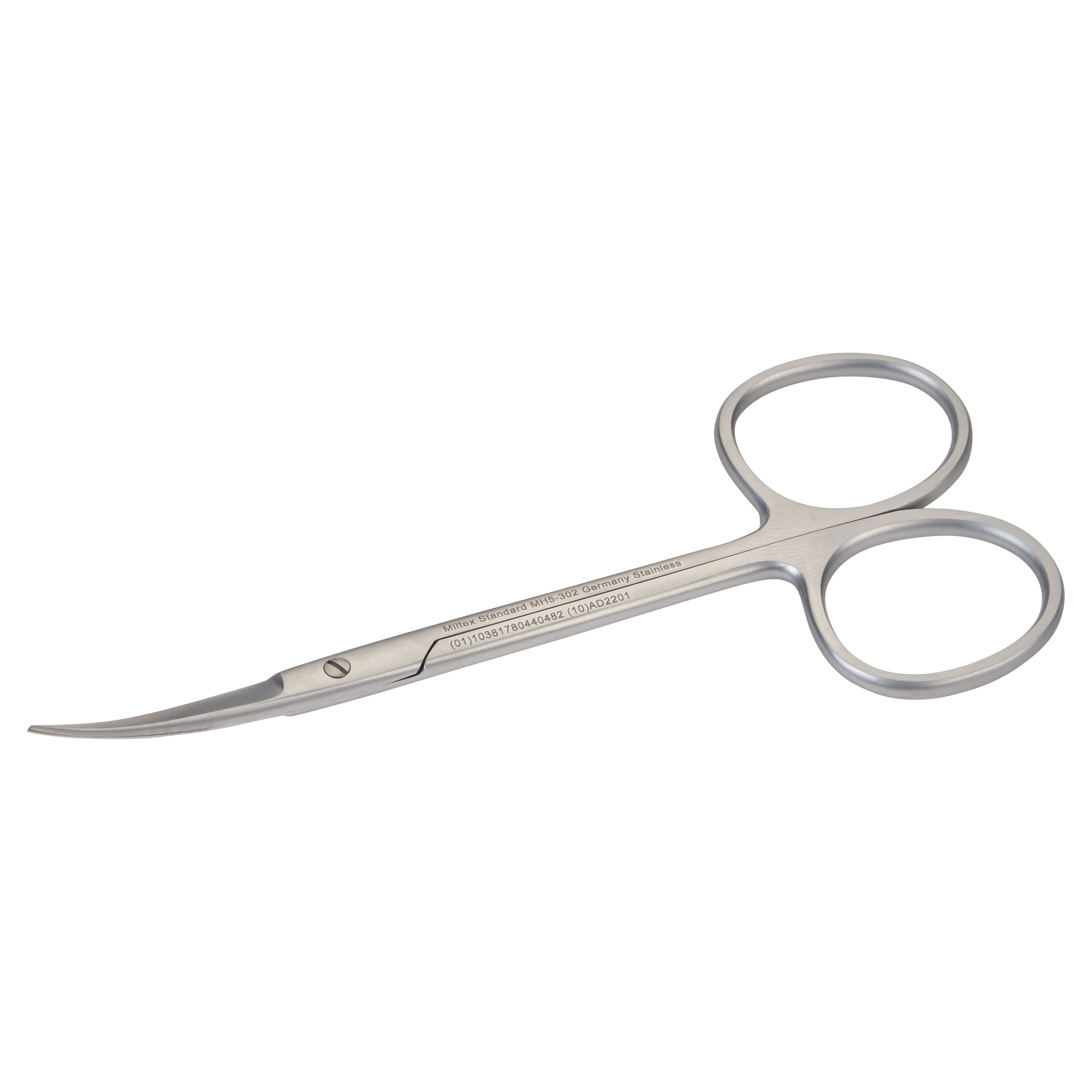 Miltex MeisterHand Iris Scissors feature curved stainless steel blades and two finger loops.