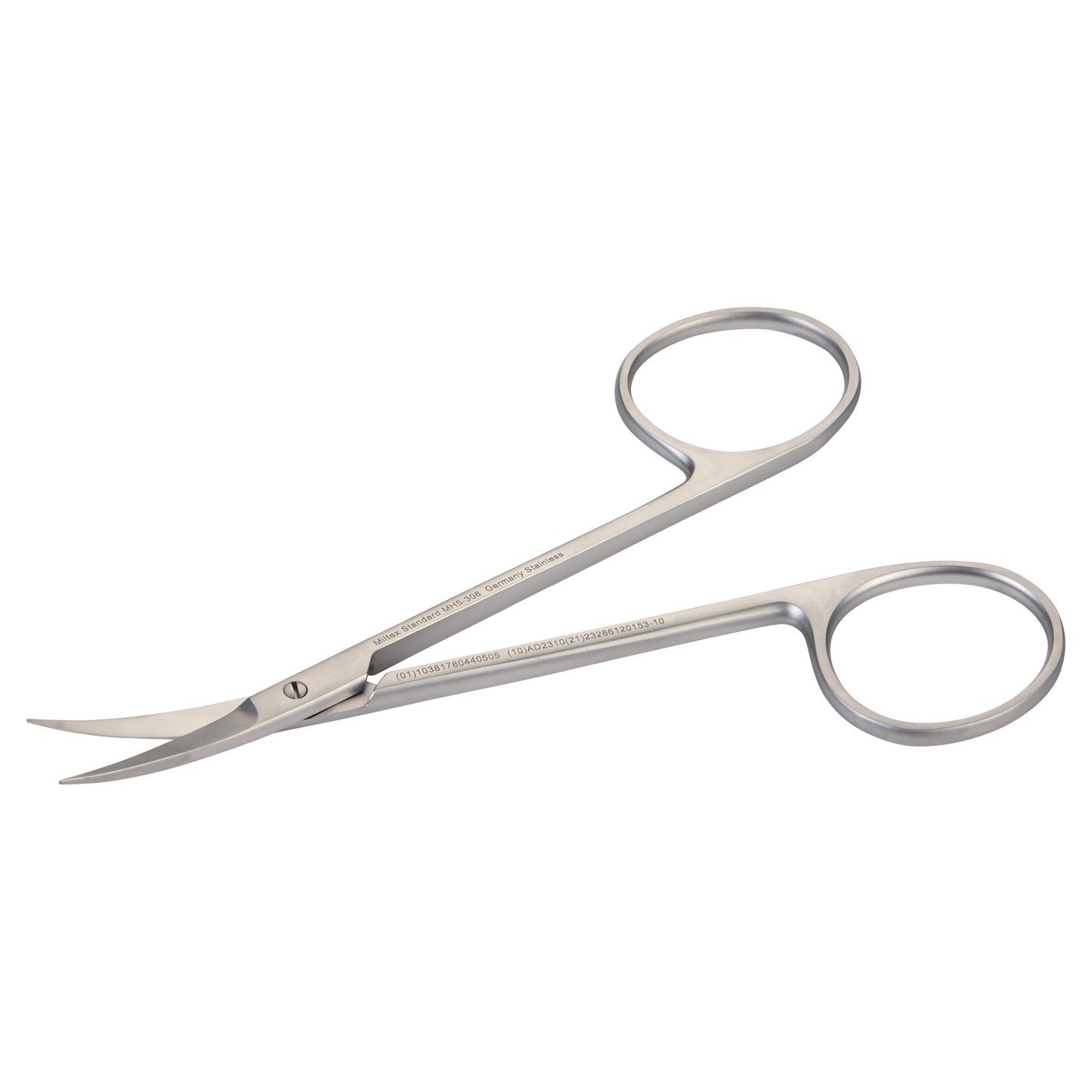 Miltex MeisterHand Iris Scissors with curved blades and ring handles, made of stainless steel, are shown on a white background.