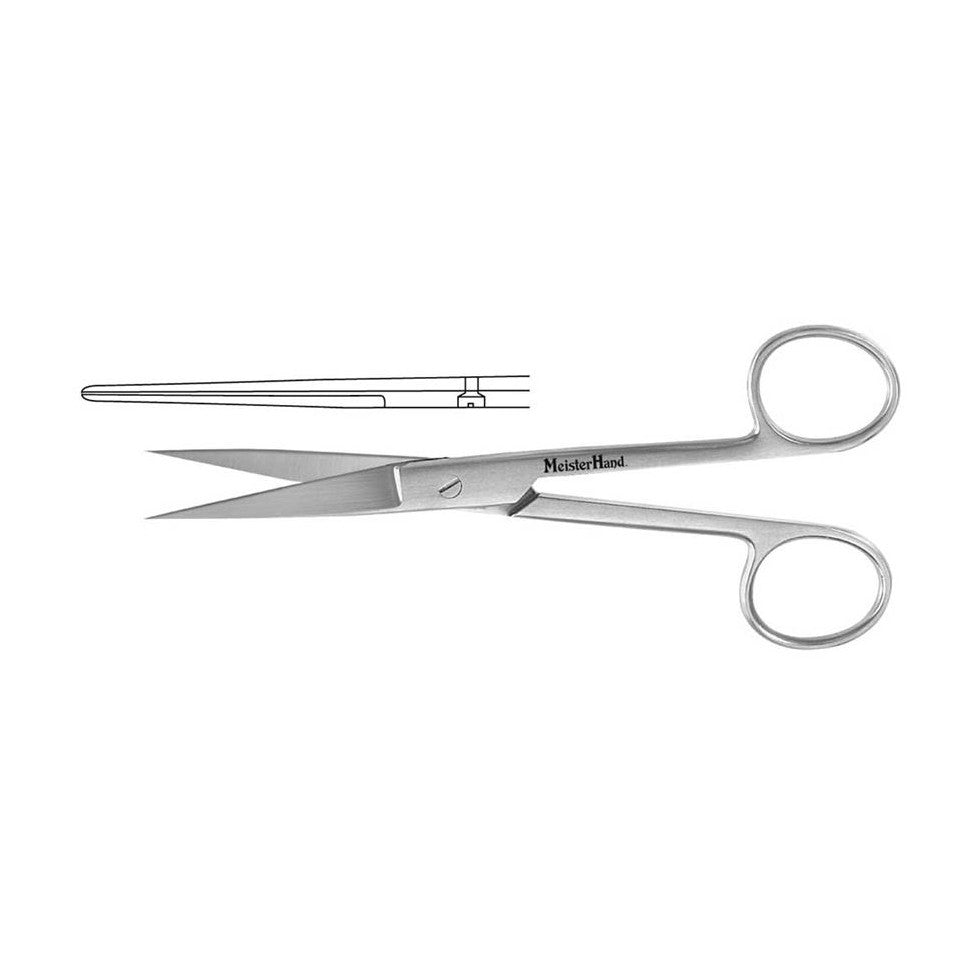 Stainless steel Miltex MeisterHand Operating Scissors with sharp, curved blades and finger rings beside a line drawing of the scissors.