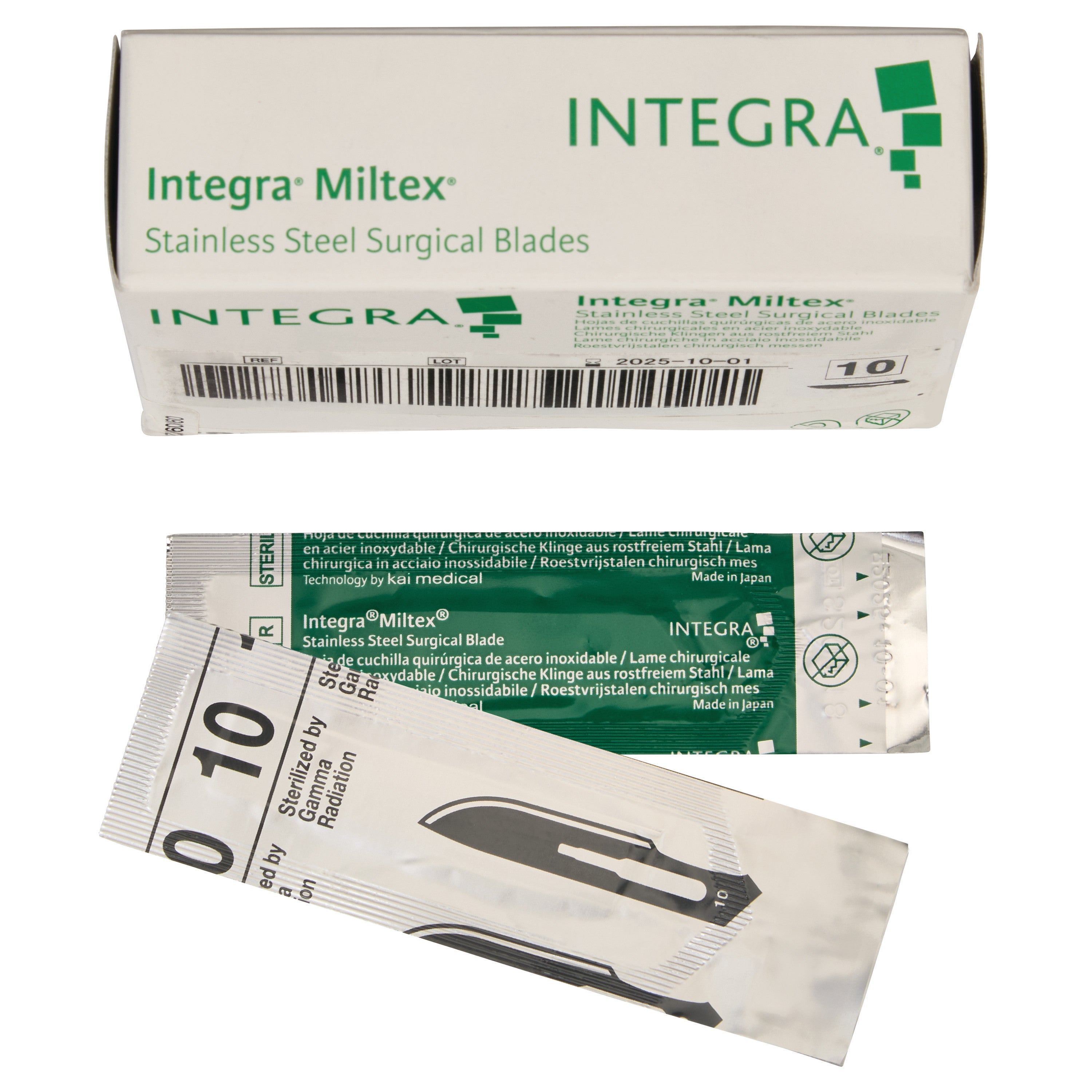 Integra Miltex Stainless Steel Surgical Blades packaging with visible box, green label, and individual blade sterilization packets.