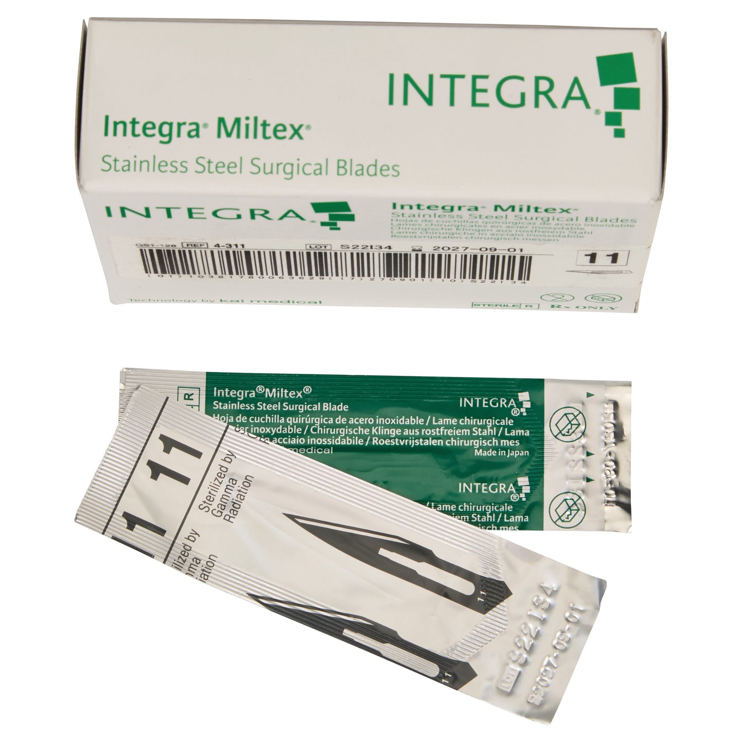 Integra Miltex Stainless Steel Surgical Blades box and individual sterilized blade packets labeled with number 11.
