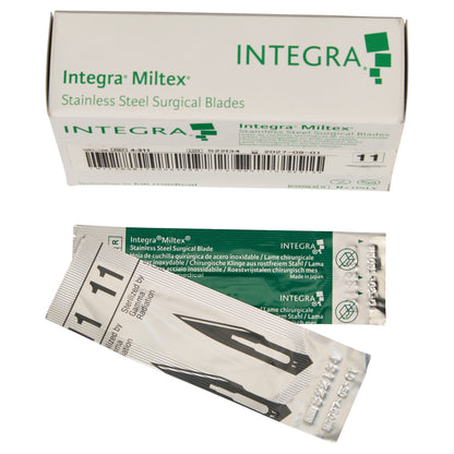Integra Miltex Stainless Steel Surgical Blades box and individual sterilized blade packets labeled with number 11.