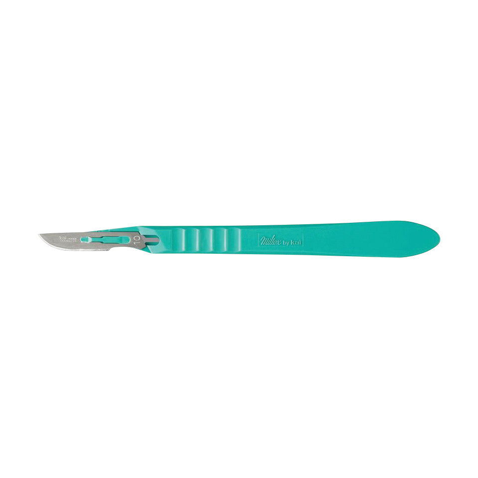 A Miltex Disposable Scalpel with a turquoise handle and a metal blade, designed for precision in medical or laboratory use.