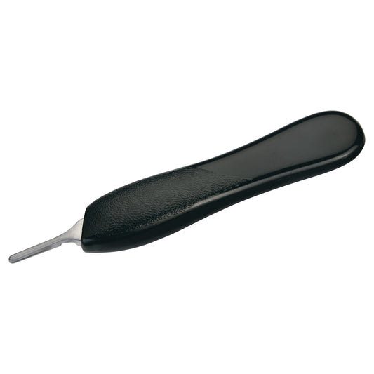A Bard-Parker B-D Scalpel Handle with a black ergonomic grip and a small, thin metal blade end, shown against a white background.