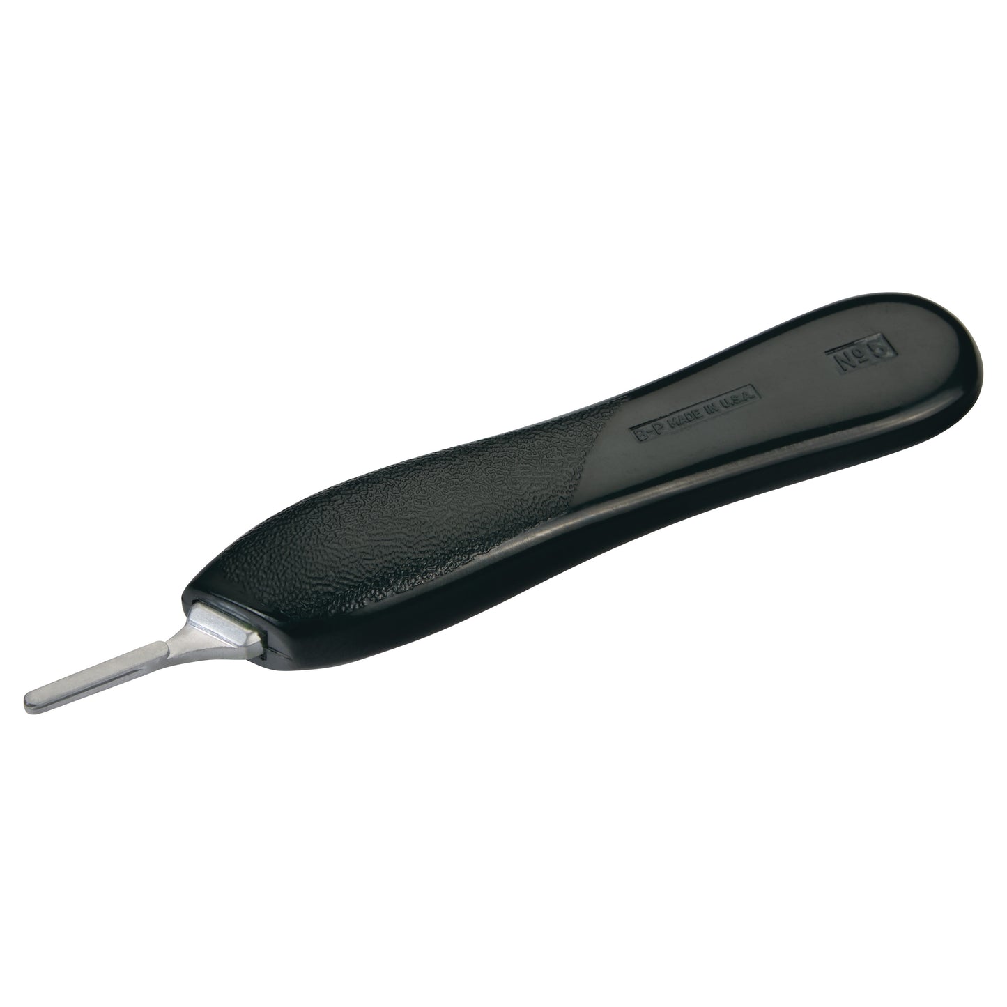 Bard-Parker B-D Scalpel Handle, black ergonomic plastic handle with a small metal blade tip, designed for precise surgical work.