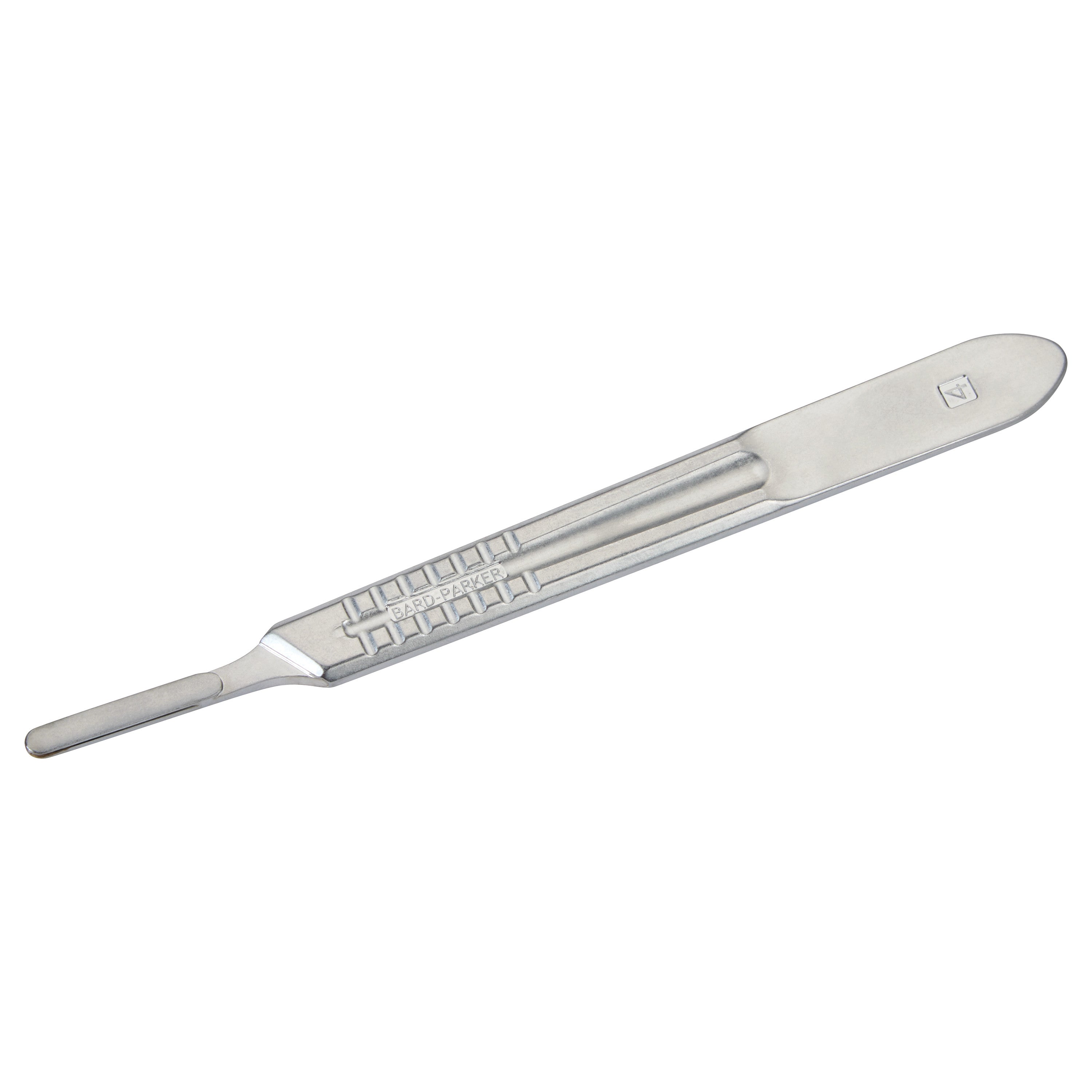 Bard-Parker B-D Scalpel Handle, a sleek, reusable metal instrument with a textured grip and a slot for attaching a surgical blade.