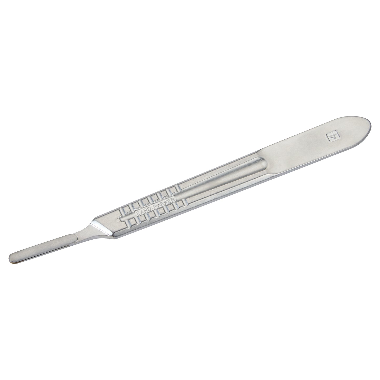 Bard-Parker B-D Scalpel Handle, a sleek, reusable metal instrument with a textured grip and a slot for attaching a surgical blade.