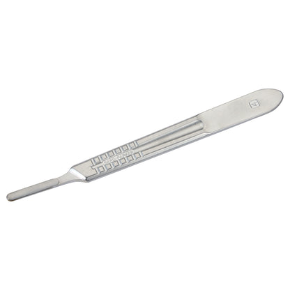 Bard-Parker B-D Scalpel Handle, a sleek, reusable metal instrument with a textured grip and a slot for attaching a surgical blade.