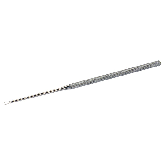 The Billeau Flexible Ear Loop is a metal tool with a textured handle and a small loop at the end, used for ear cleaning.