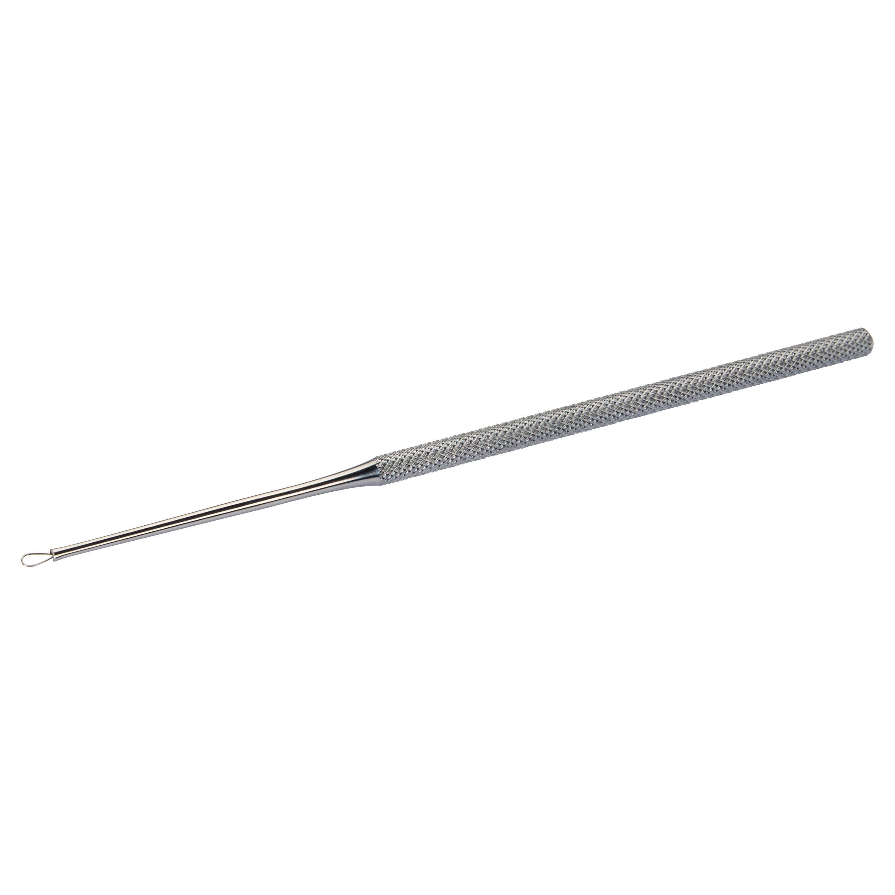The image displays a Billeau Flexible Ear Loop, a medical tool with a long handle and a small loop for ear cleaning.